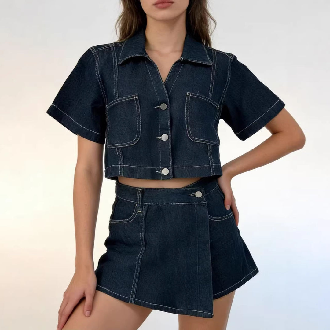 Damen kurz geschnittene Denim-Bluse mit zwei aufgesetzten Taschen Echo Archiv