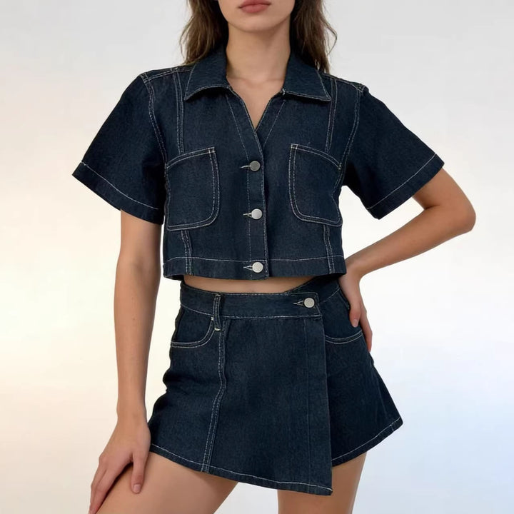 Damen kurz geschnittene Denim-Bluse mit zwei aufgesetzten Taschen Echo Archiv