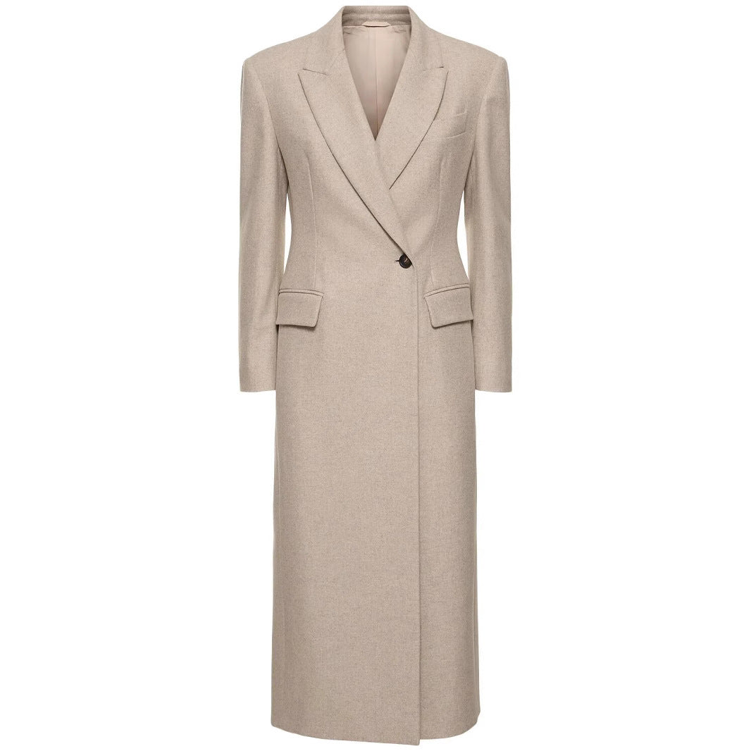 Damen Taillierter Longline Wollmixmantel mit schlanker Silhouette und Einreihiger Knopfleiste Echoarchiv