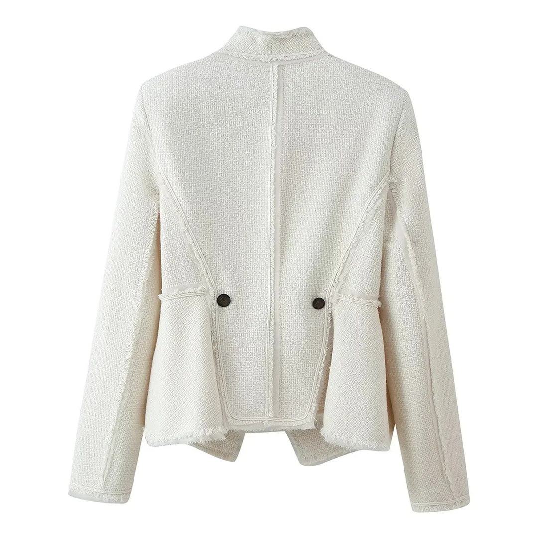 Damen nan taillierte Bouclé-Jacke mit Stehkragen, Zierriegel und dezenten Fransen Echo Archiv