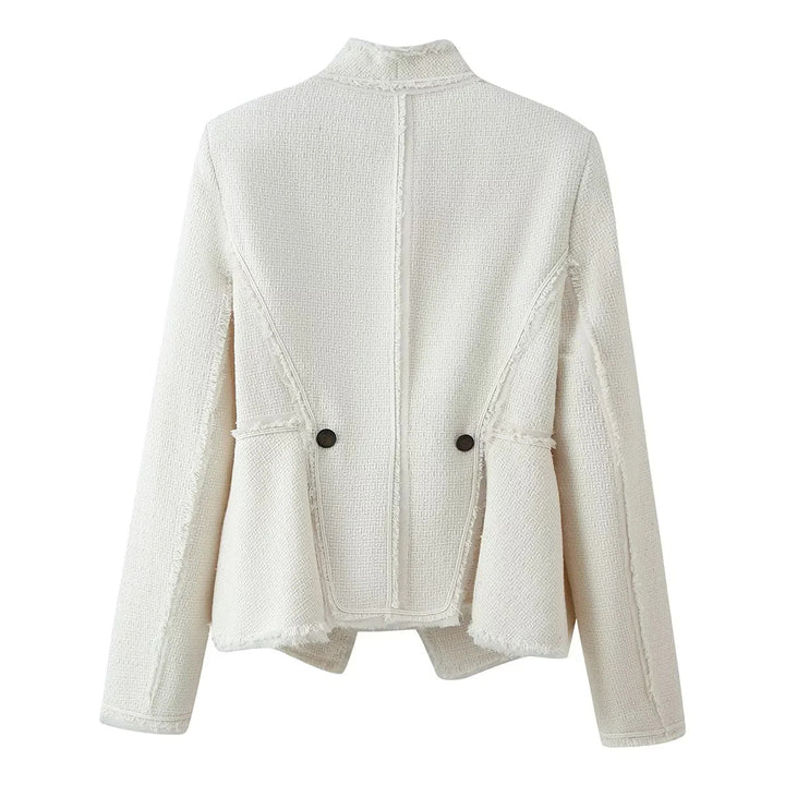 Damen nan taillierte Bouclé-Jacke mit Stehkragen, Zierriegel und dezenten Fransen Echo Archiv