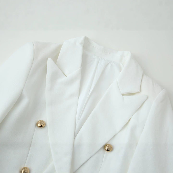 Damen Doppelreihiger Longline-Blazer mit Schalkragen und goldenen Zierknöpfen Echoarchiv