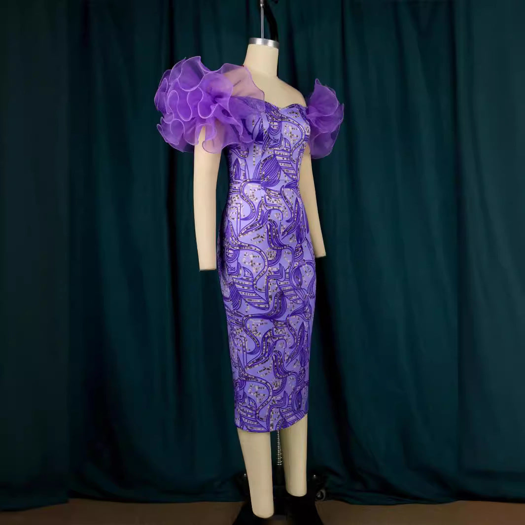 Damen Elegantes Midi-Kleid mit innovativen Puffärmeln und kunstvollem Druck Echo Archiv