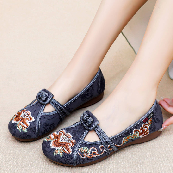 Damen nan bestickte Mary-Jane Slipper mit chinesischem Knotenverschluss und orthopädischer Komfortsohle Echo Archiv