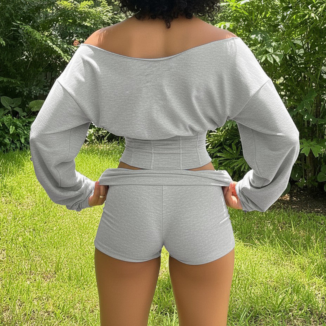 Damen nan asymmetrisches einschulteriges Lounge-Set mit tailliertem gerafftem Crop-Top und hochgeschnittenen Umschlag-Shorts Echo Archiv