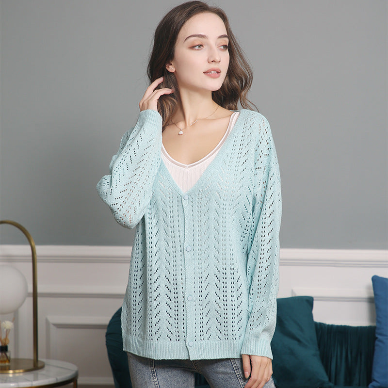 Damen Leichte Ajour-Strickjacke mit tiefem V-Ausschnitt und Knopfleiste Echo Archiv