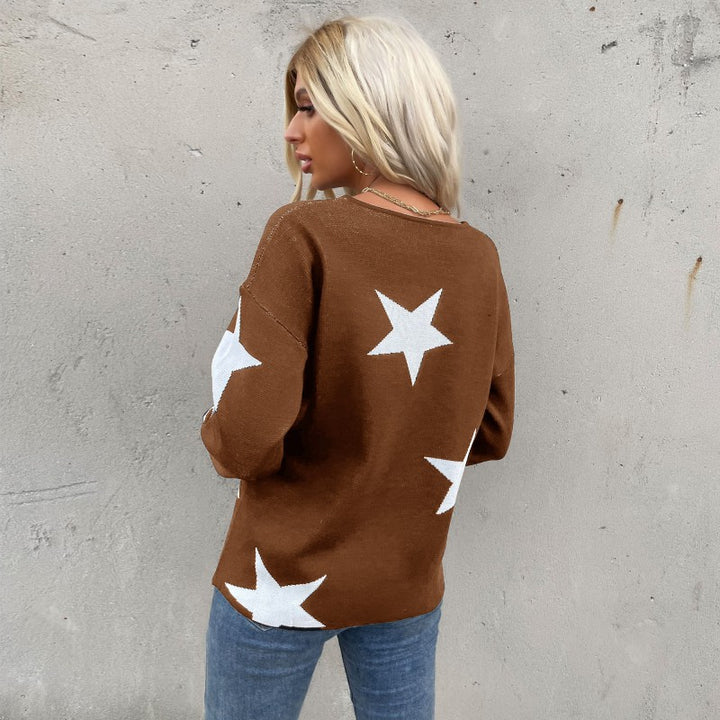 Damen Sternen-Feinstrickpullover mit V-Ausschnitt und lässiger Oversize-Passform Echoarchiv