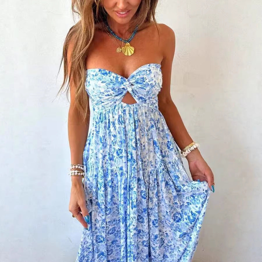 Damen nan trägerloses gedrehtes Bustier-Maxikleid mit Cut-out und mehrlagigem Stufenrock in leichter Crinkle-Qualität Echo Archiv