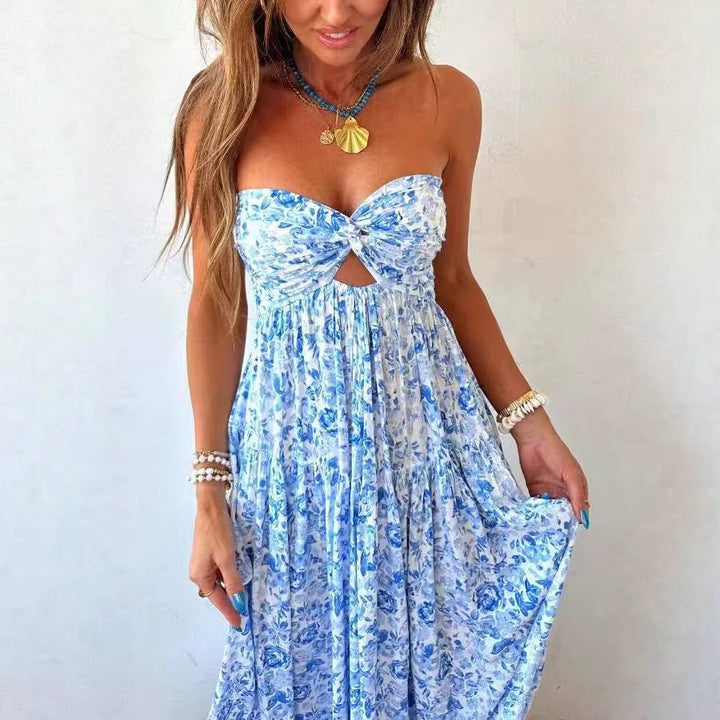 Damen nan trägerloses gedrehtes Bustier-Maxikleid mit Cut-out und mehrlagigem Stufenrock in leichter Crinkle-Qualität Echo Archiv