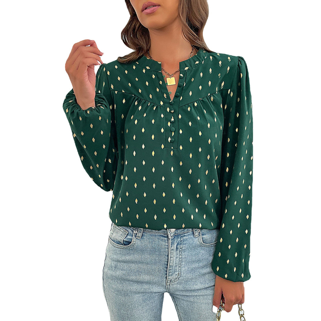 Damen Leichte Viskosebluse mit zartem Ikat‑Print, Stehkragen und dekorativer Knopfleiste Echoarchiv