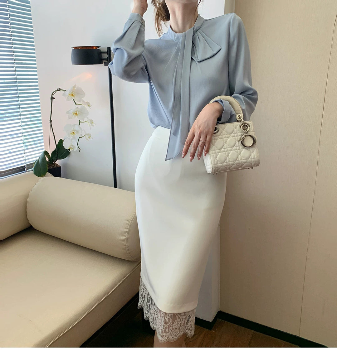 Damen Elegante und figurbetonte Bluse mit Schleifendetail Echoarchiv