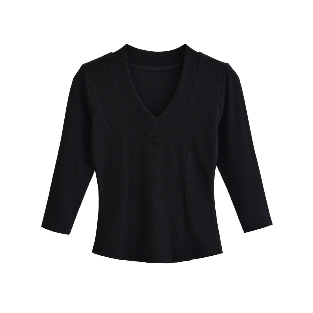 Damen Geripptes Langarmshirt mit V-Ausschnitt und taillierter Schnittführung Echoarchiv