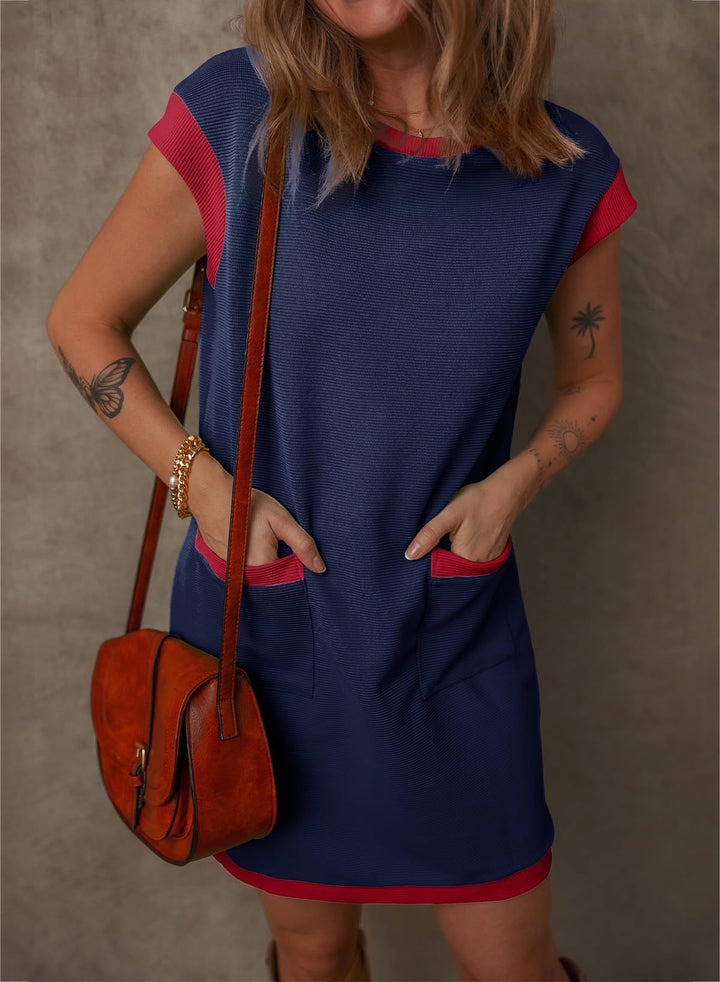 Damen Ärmelloses A-Linien-Shiftkleid mit Kontrastkanten, aufgesetzten Taschen und strukturierter Rippoptik – Lunéa