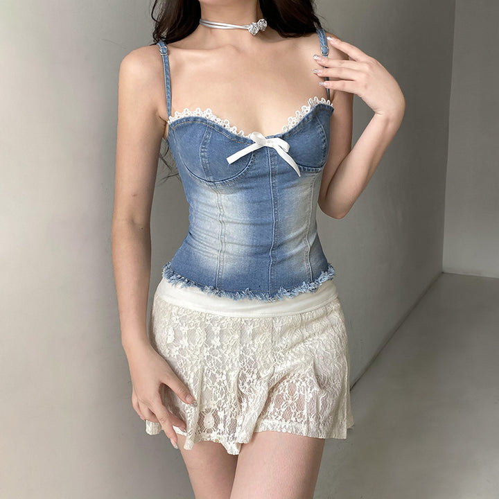 Damen Denim-Crop-Top mit Rüschendetails und zierlichem Schnürverschluss Echo Archiv