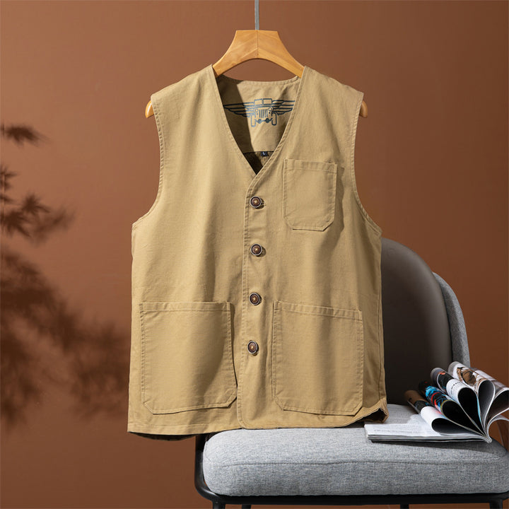 Herren Ärmellose Utility-Canvas-Weste mit V‑Ausschnitt, Knopfleiste und aufgesetzten Taschen Echoarchiv