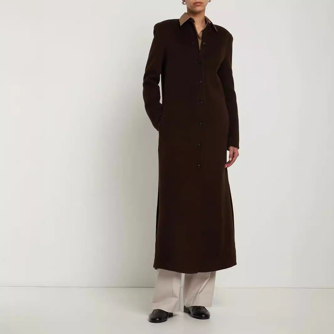 Damen Langer Minimalistischer Stehkragenmantel aus Wollmix mit verdeckter Knopfleiste Echoarchiv