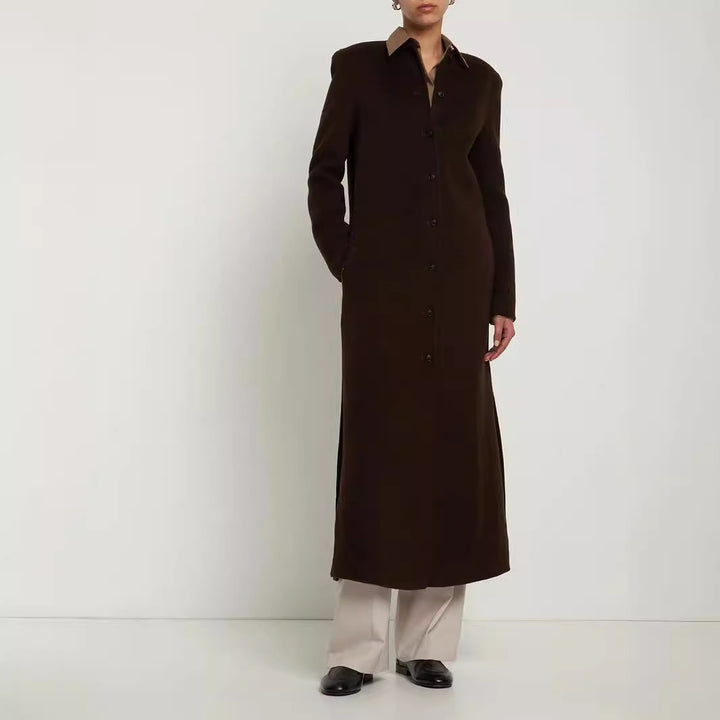 Damen Langer Minimalistischer Stehkragenmantel aus Wollmix mit verdeckter Knopfleiste Echoarchiv