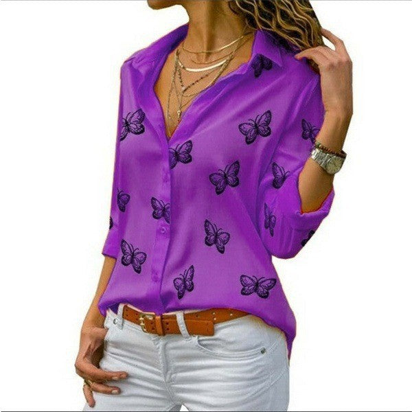 Damen nan lockere Longbluse mit Schmetterlingsprint und Hemdkragen Echo Archiv