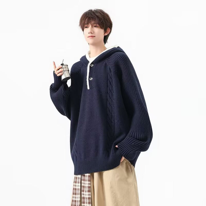 Herren Grobstrickpullover mit Kapuze und Knopfleiste Echoarchiv