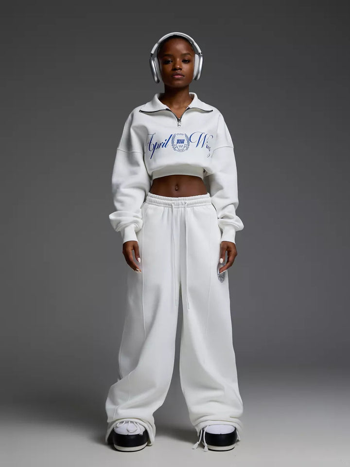 Damen Cropped Halbzip-Sweatshirt mit weitem High‑Waist Loungehose Set – Avérine