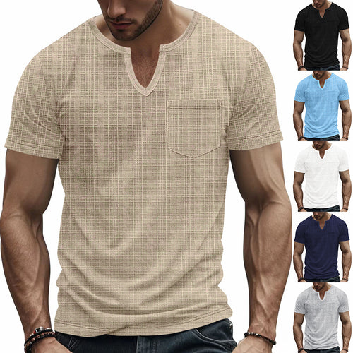 Herren nan Kurzarmshirt mit geschlitztem V-Ausschnitt strukturierter Leinenoptik und aufgesetzter Brusttasche Echo Archiv
