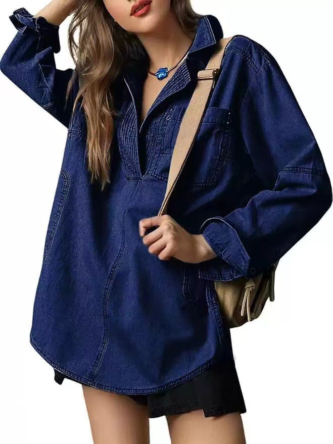 Damen Oversize-Denim-Tunika mit Henley-Ausschnitt und Kängurutasche Echo Archiv