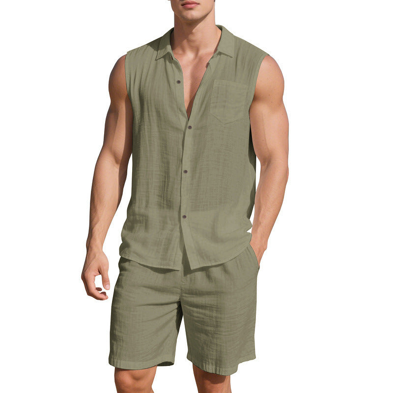Herren lässiges Sommer-Outfit mit Hemd ohne Ärmel und Shorts Echoarchiv