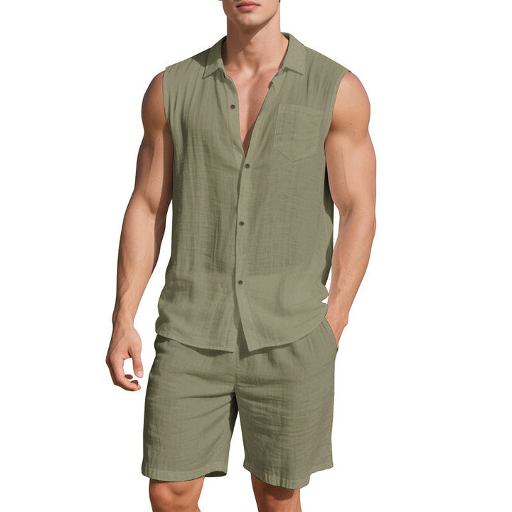 Herren lässiges Sommer-Outfit mit Hemd ohne Ärmel und Shorts Echoarchiv