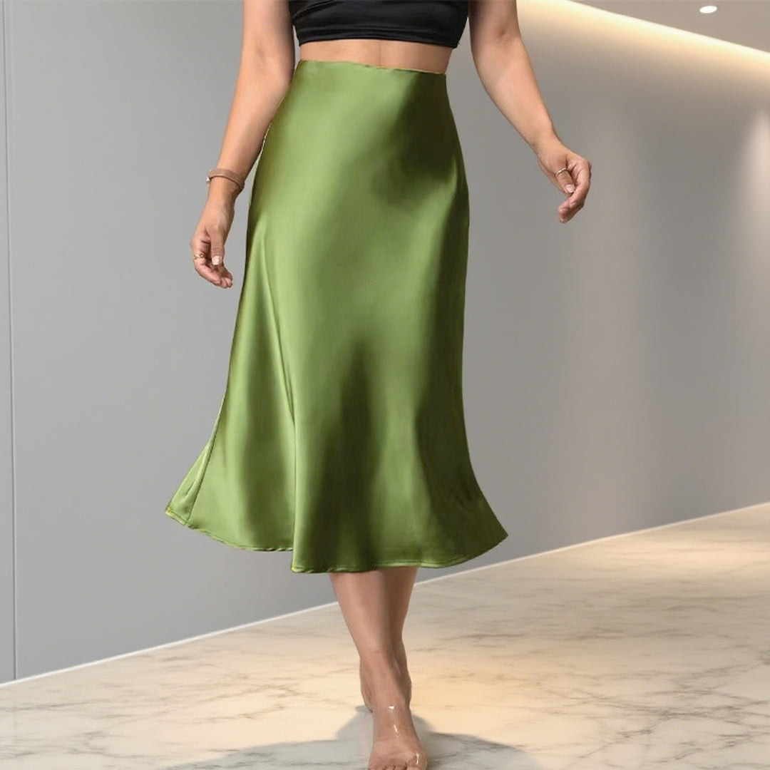Damen Eleganter Satin-Midirock mit hohem Schnitt und fließendem Fall Echo Archiv