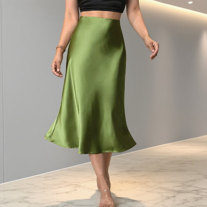 Damen Eleganter Satin-Midirock mit hohem Schnitt und fließendem Fall Echo Archiv
