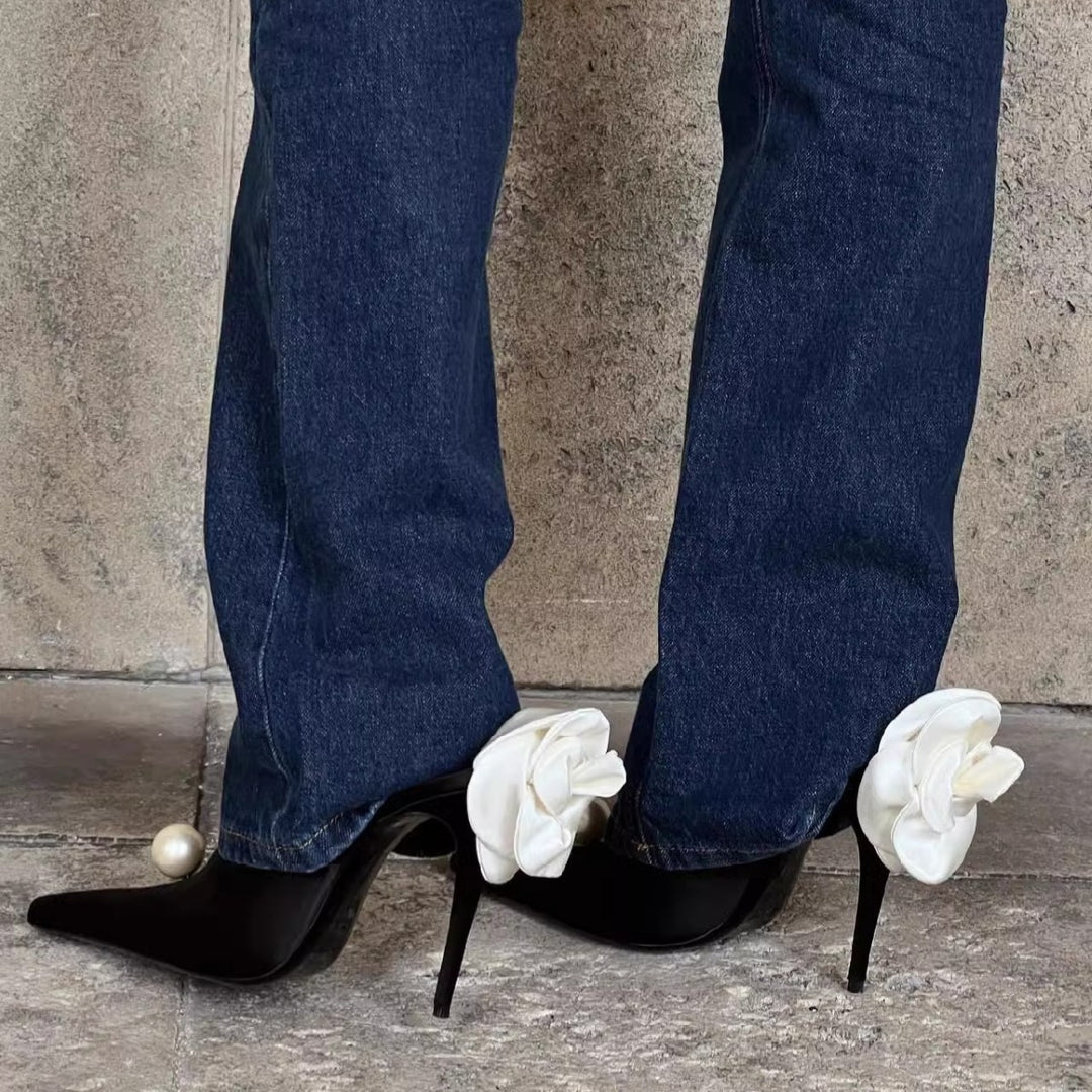 Damen spitze Satin-Flower Stiletto-Mules mit Perlenapplikation Echo Archiv