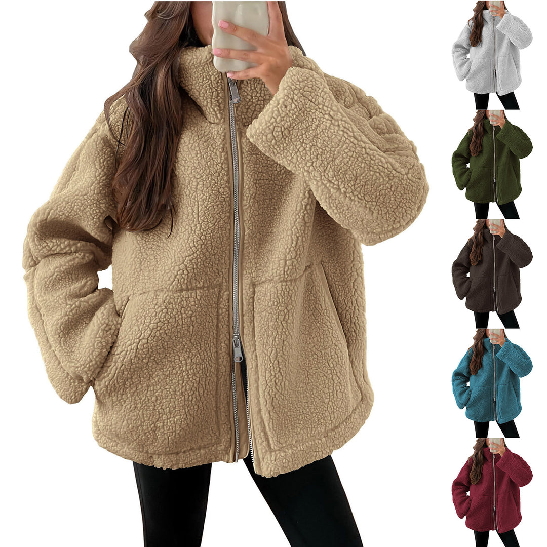 Damen nan oversized Teddyfelljacke mit Stehkragen Reißverschluss und aufgesetzten Taschen Echo Archiv