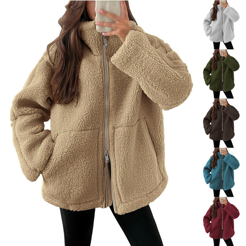 Damen nan oversized Teddyfelljacke mit Stehkragen Reißverschluss und aufgesetzten Taschen Echo Archiv