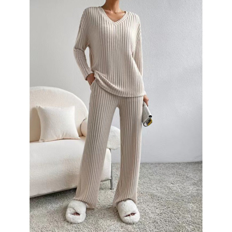Damen Gemütliches Rippstrick-Loungewear-Set mit V-Ausschnitt und weitem Bein Echo Archiv