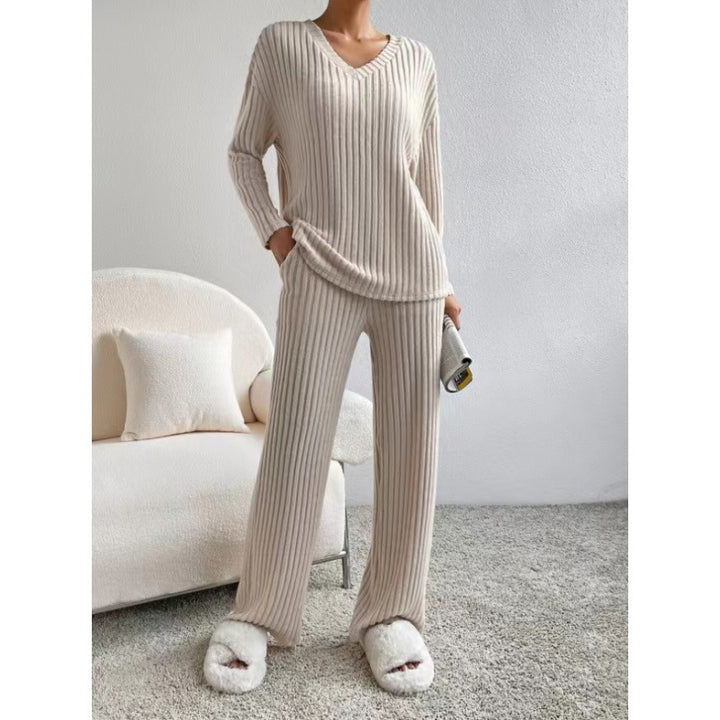 Damen Gemütliches Rippstrick-Loungewear-Set mit V-Ausschnitt und weitem Bein Echo Archiv