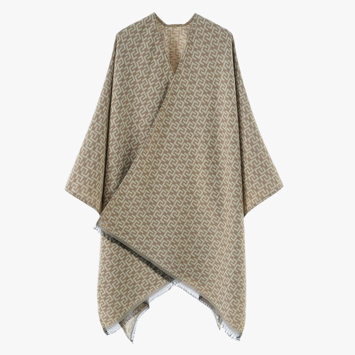Damen Gewebter Jacquard‑Wickelponcho mit geometrischem Allovermuster und feinem Fransensaum – Célinea