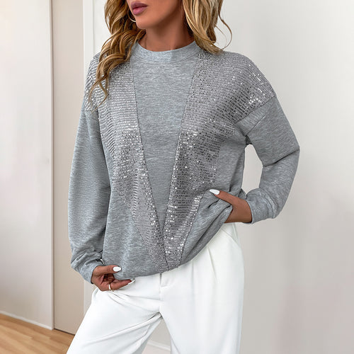 Damen Sweatshirt mit Pailletten-V‑Einsatz und oversized Schnitt – Mavelle