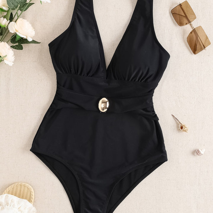 Damen Einteiliger Badeanzug mit tiefem V-Ausschnitt und eleganter Gürteldetails Echo Archiv