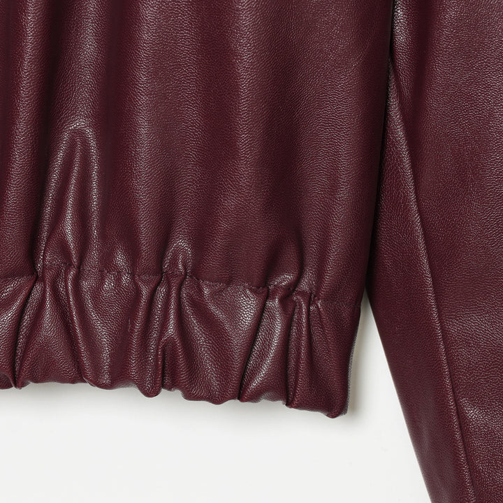Damen Cropped Kunstleder-Bomberjacke mit Hemdkragen und elastischem Saum Echoarchiv