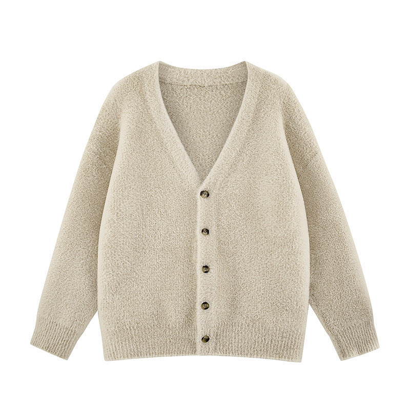 Damen Oversize Teddy-Strickcardigan mit V‑Ausschnitt und Holzknöpfen Echoarchiv