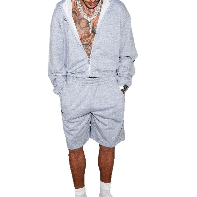 Herren Sweatshorts-Set mit Reißverschluss-Kapuzenjacke und elastischem Kordelbund Echoarchiv