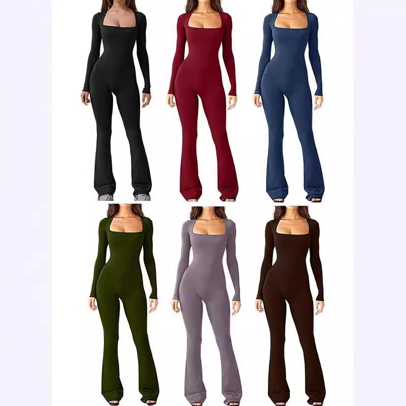 Damen nan figurbetonter Langarm-Jumpsuit mit quadratischem Ausschnitt und ausgestellter Schlaghose Echo Archiv