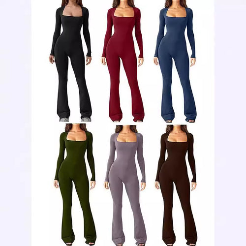 Damen nan figurbetonter Langarm-Jumpsuit mit quadratischem Ausschnitt und ausgestellter Schlaghose Echo Archiv