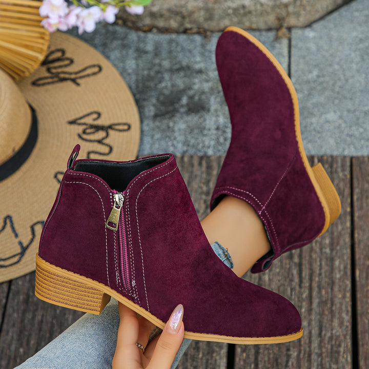 Damen elegante Ankle-Boots aus Velourslederimitat mit seitlichem Reißverschluss und niedrigem Blockabsatz Echo Archiv