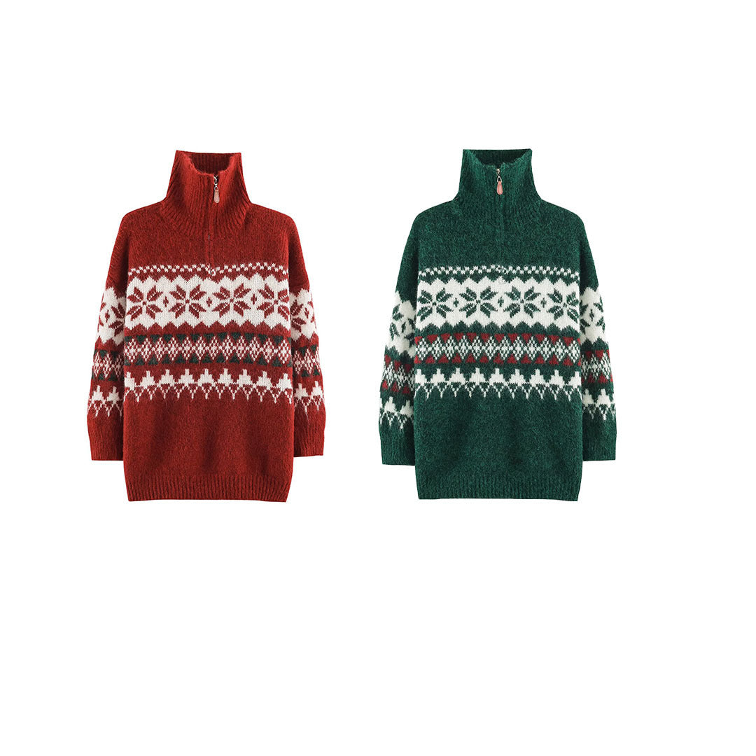 Damen Norwegermuster Strickpullover mit halbem Reißverschluss und Stehkragen Echoarchiv