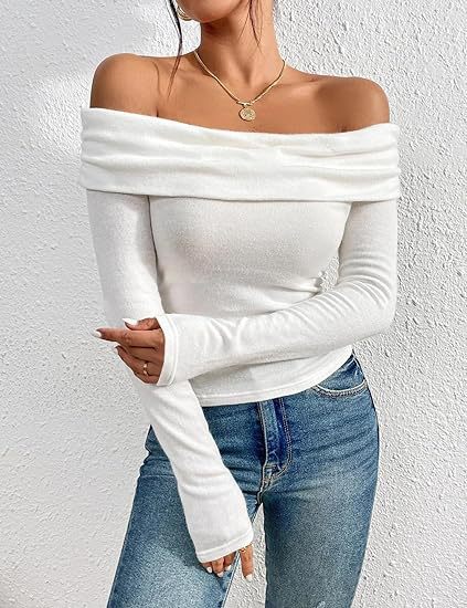 Damen Figurbetontes Schulterfreies Langarm Feinstrickshirt mit Carmenausschnitt Echo Archiv