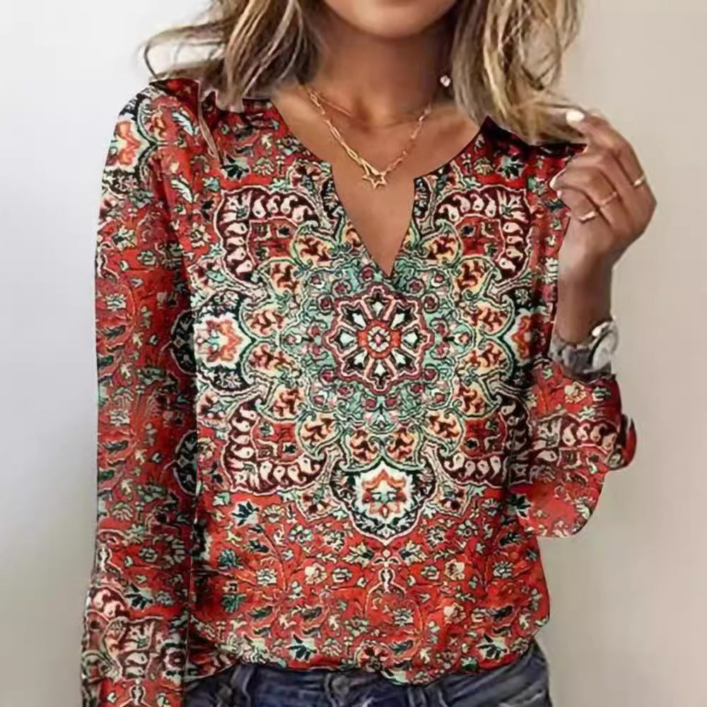 Damen Langarm-Bluse mit ornamentalem Mandala-Print und V-Ausschnitt – Élovi