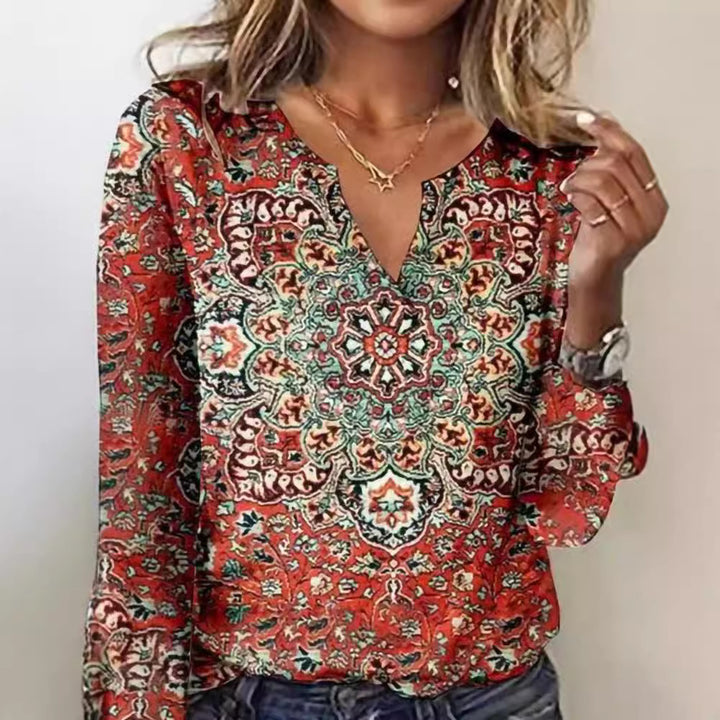 Damen Langarm-Bluse mit ornamentalem Mandala-Print und V-Ausschnitt – Élovi