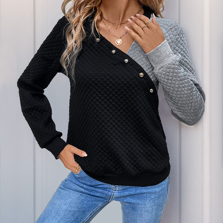 Damen Stepp-Sweatshirt mit asymmetrischem Revers, Zierdruckknöpfen und Colorblock-Ärmeln – Mavelle