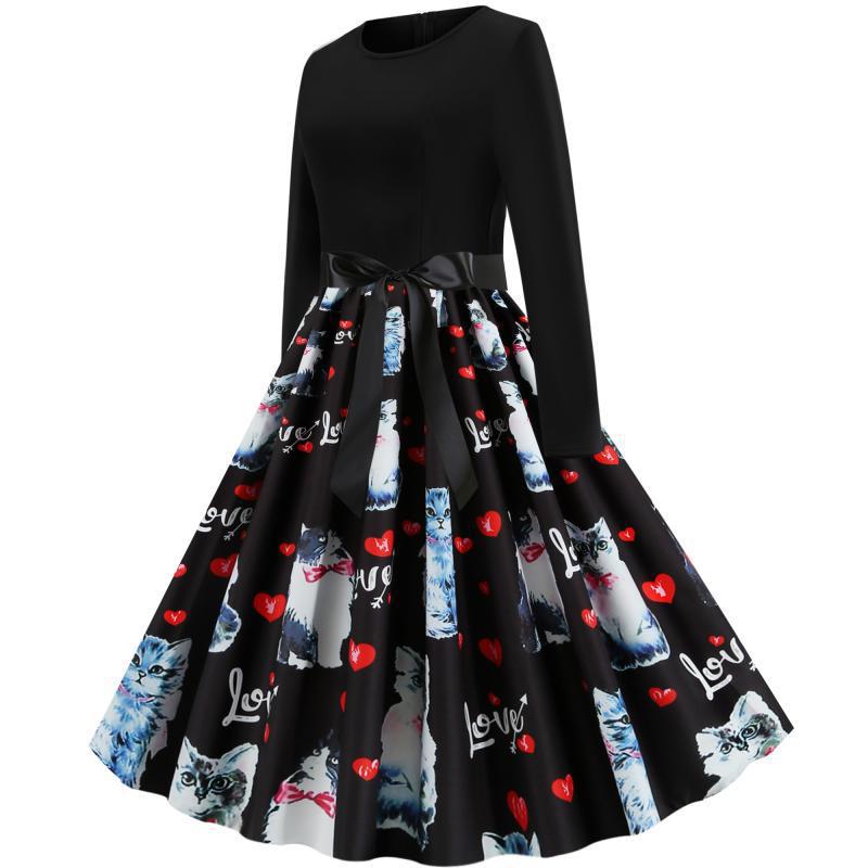 Damen Tailliertes Vintage-Swingkleid mit Satin-Taillenschleife, Langarm-Oberteil und printetem Tellerrock – Élara